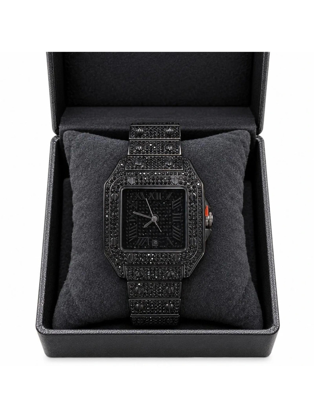 #828 Black Crystal Square Roman Numeral Watch 40mm NWT Box